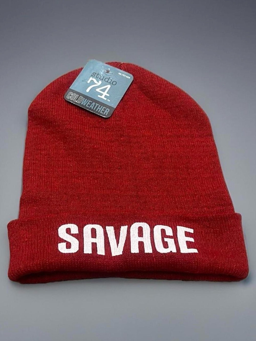 Studio 74 Red Knit Beanie with White 'SAVAGE' Lettering